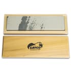 The 8”x 2”x 1/2” sharpening stone comes with a custom wooden case for storage