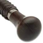The handle has a brown wooden knob and is wrapped, Samurai sword-style, in faux rayskin and genuine brown leather