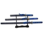 A premium, black wooden display stand is included to hold the entire set of swords