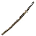 Shinwa Firefly Handmade Katana Samurai Sword - 1045 Carbon Steel - Dueling Dragon / Serpent Tsuba - Hardwood Saya, Black-and-Gold Spatter Pattern