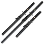 Shinwa 3 japanese swords encased in separate scabbards with handles wrapped in faux ray skin and black nylon cord
