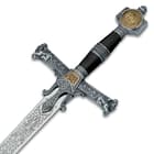 The high-quality, 47 1/5” overall sword has a stainless steel blade and a black handle with a Star of David on the pommel