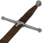 The high-quality, 52 3/10” overall sword has a stainless steel blade and a brown handle with a hefty pommel and guard