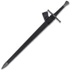 The 43 1/2" overall length broadsword fits securely in a black wooden scabbard that includes a leather belt hanger