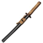 The 20” overall tanto slides smoothly into a black, lacquered wooden scabbard with brown cord-wrap accent