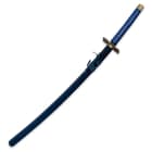 The Grimmjow Zanpakuto sword has a dark blue scabbard and lighter blue cord wrapped handle. 