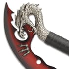 The intricately crafted, metal alloy handle has a dragon head on each end that holds the blade in their claws and mouths