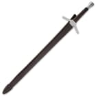 The 40 1/2” overall sword slides smoothly into its genuine leather scabbard, which has two belt loops