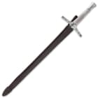 The 40” overall sword slides smoothly into its genuine leather scabbard, which has two belt loops