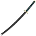 The 40 1/2” overall fantasy sword slides smoothly into a black wooden scabbard with metal accents