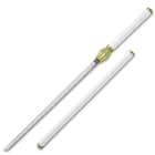 The wooden handle and scabbard are wrapped in white cloth, secured with brass pins, and they have a gold metal cap on each end