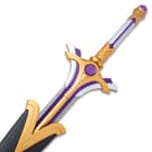 The anime sword has a V-shaped metal alloy guard that has silver, gold and purple accents