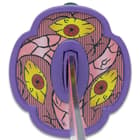 The purple metal tsuba matches the blade with the same artwork