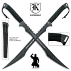 K Exclusive twin swords shown inside ninja style blade scabbards and with detailed view of the black cord wrapped handle. 