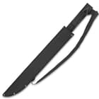 Sword easily secures into the black nylon sheath with strap. 