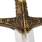It has a 40” stainless steel blade and a hardwood hilt with an antiqued bronze-plated pommel and crossguard