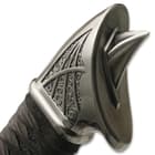 Sword handle with an antique metal finish and genuine leather wrapped grip

