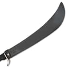 The impressive naginata is 67” in overall length and it comes with a leather blade sheath with a snap strap closure