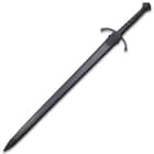 Black war sword with leather wrapped handle is secured in the black scabbard
