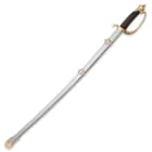 Sword shown inside matching metal scabbard with brass accents and genuine leather wrapped handle. 