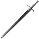 The scabbard is premium black leather with metal accents