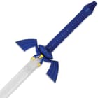 The replica Master Sword has the distinct bright blue handle with winged-like cross guard, made of ABS. 