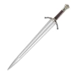 Boromir’s sword is shown with diamond shaped blade, brown leather wrapped grip and steel pommel. 