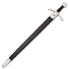 The Medieval sword is 39 1/2” overall and slides securely into a matching leather scabbard with a steel throat and tip