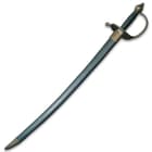 The 32 1/2” overall pirate sword slides securely into a leather scabbard with an antiqued brass throat and tip