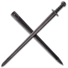 The 36 1/2” overall Viking sword can be stored in its matching black scabbard, which has a leather belt stop