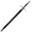 The 44 3/4” overall broad sword can be carried and housed in its matching leather scabbard that has steel accents