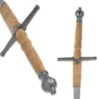 Zoomed view to show the leather-wrapped hilt with stainless steel guard and pommel. 