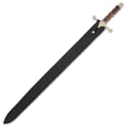 The 40 1/2” overall length reproduction sword slides into its genuine, premium leather scabbard, which has a belt loop