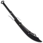 The Chinese broadsword is 42 1/2” in overall length and can be carried in its scabbard with an adjustable shoulder strap