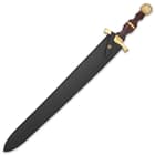 The 30 1/4” overall sword slides smoothly into a leather scabbard for storage and it features a belt loop for carry
