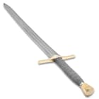 The sword has a Damascus steel blade and wire-wrapped grip.