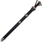 Dark colored scabbard has brown suede leather wrapped around the mouth. 
