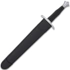 The black, premium wood handle is bookended by a satin finished, stainless steel handguard and pommel