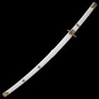 The 41 7/10” overall katana slides smoothly into a white, wooden scabbard with gold medallion accents