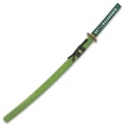 The 41” overall katana slides securely into its green splatter-painted wooden scabbard with a black cord-wrap accent