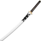 The 40 9/10” overall katana slides smoothly into a white, lacquered wooden scabbard with matching black cord-wrap accent