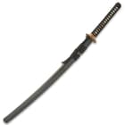 The 41” overall katana slides securely into a matte black wooden scabbard, which has a black cord-wrap accent