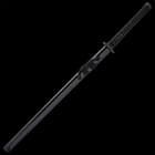 The 40” overall katana slides smoothly into a black lacquered, wooden scabbard with black cord-wrap accents