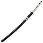 The black lacquered scabbard has a white hanging cord that matched the white cord wrapped handle. 
