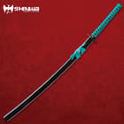 Katana inside black sheath with teal hanging cord, matching the teal cord wrapped around the handle. 