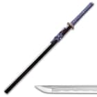 Black lacquered scabbard shown with blue hanging cord that matches the blue cord wrapping the handle adjacent to close up of blade point. 
