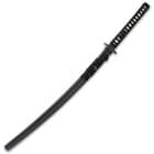 The katana comes with a black lacquered, wooden scabbard