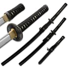 Three swords are shown within glossy black scabbards with black cord hanging cords, matching the black cord wrapped handles. 