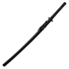 The katana has a black wooden scabbard with black hanging cord, matching the black cord wrapping of the katana handle. 