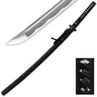 The point of the high carbon steel blade is shown next to the black matte scabbard and zoomed view of black menuki. 
